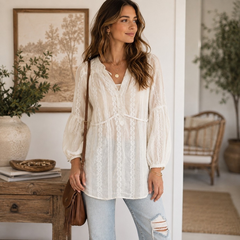 Dept Eyelet Tunic Top S Ivory Tie Waist Bishop Sleeve Bohemian Coastal Romantic